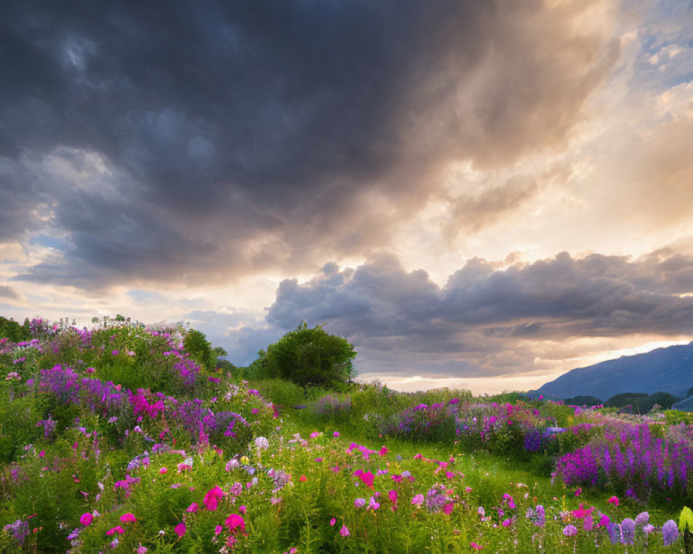 Colorful Wildflower Meadow Under Dramatic Sky with Sun Rays