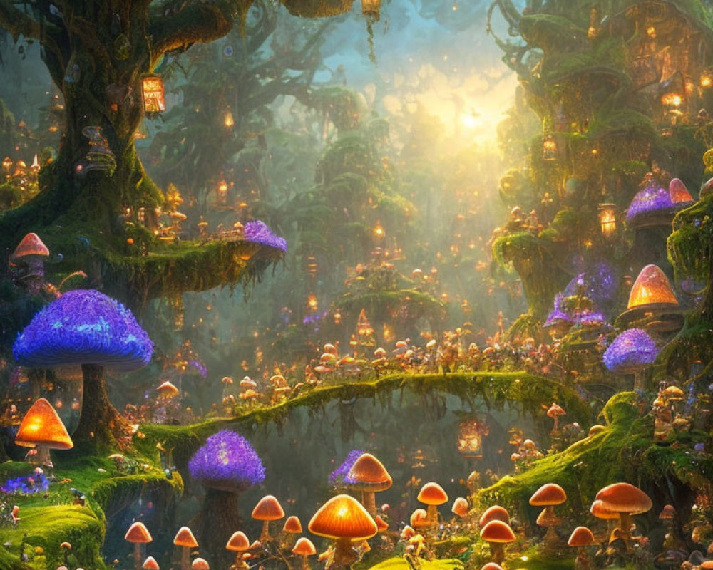 Enchanting forest with oversized glowing mushrooms and mystical trees