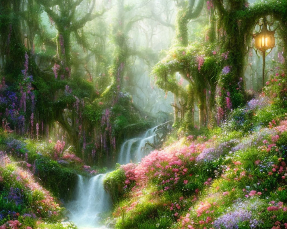 Mystical forest scene with waterfall, wisteria, flowers, moss-covered trees, and glowing