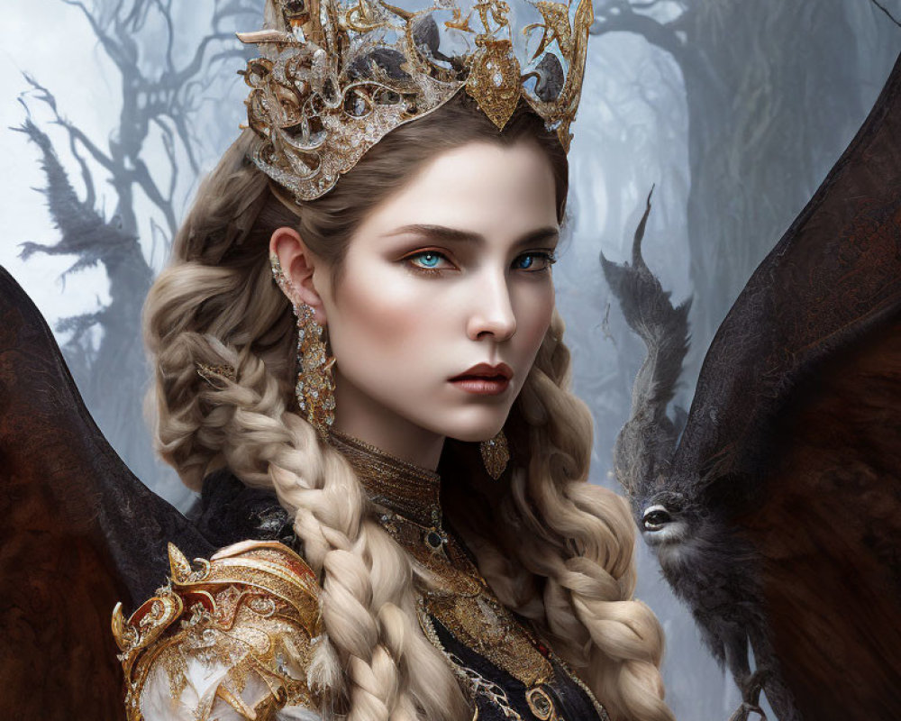 Ethereal woman with golden crown in foggy forest with mystical creatures