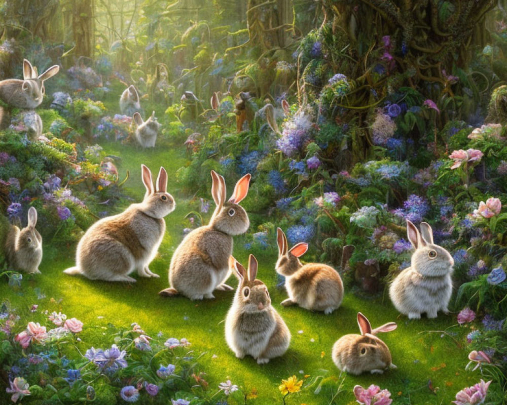 Enchanting forest glade with rabbits, flowers, and sunlight.