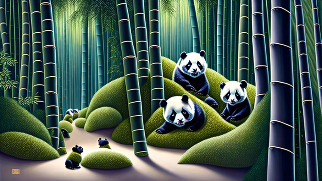 Whimsical pandas in vibrant bamboo forest