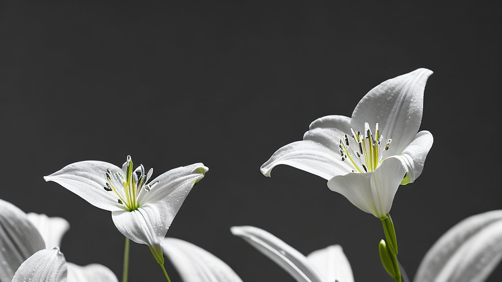 White Lilies with Stamens on Dark Background and Water Droplets