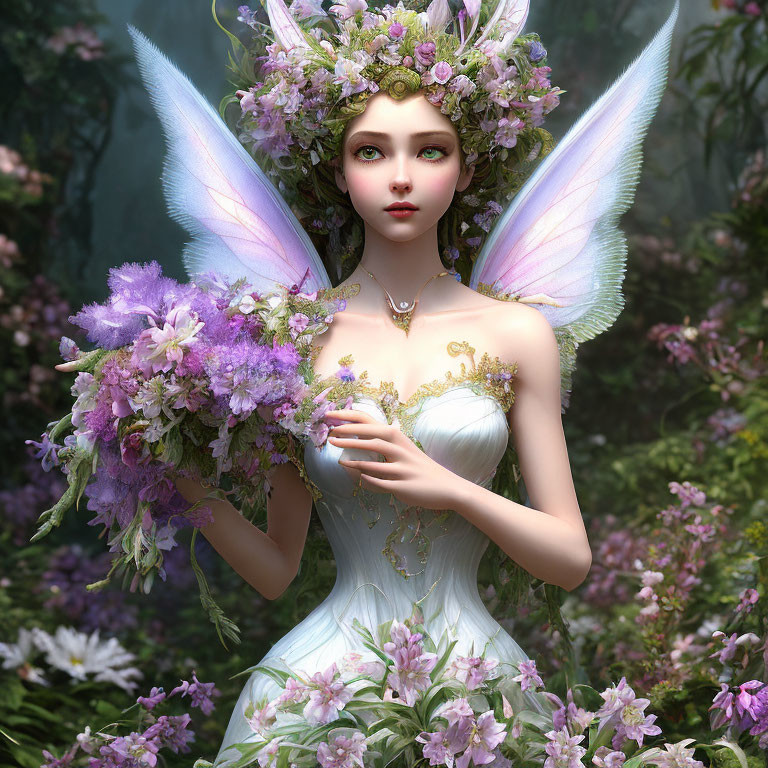 Iridescent-winged fairy with floral crown in lush greenery