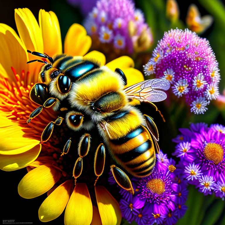 Detailed Honeybee Illustration on Yellow and Purple Flowers