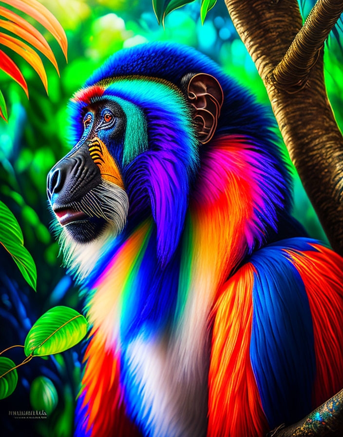 Colorful Mandrill Digital Artwork in Lush Jungle Scene