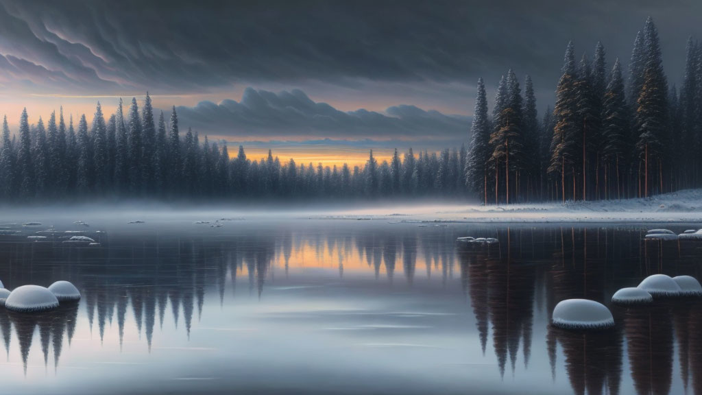 Snow-covered trees and misty lake at sunrise