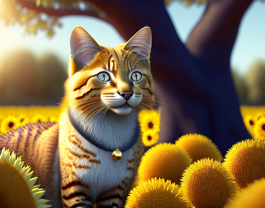 Realistic cat digital art: Blue-eyed feline in sunflower field