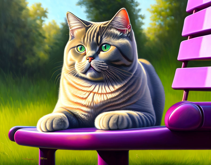 Plump Striped Cat with Green Eyes on Purple Bench in Sunny Outdoor Scene