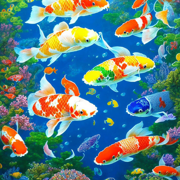 Colorful Koi Fish and Tropical Fish Among Vibrant Coral