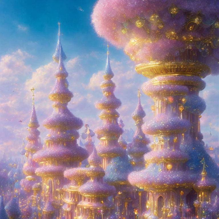 Fantastical Pink Castle with Spire Towers and Flying Character