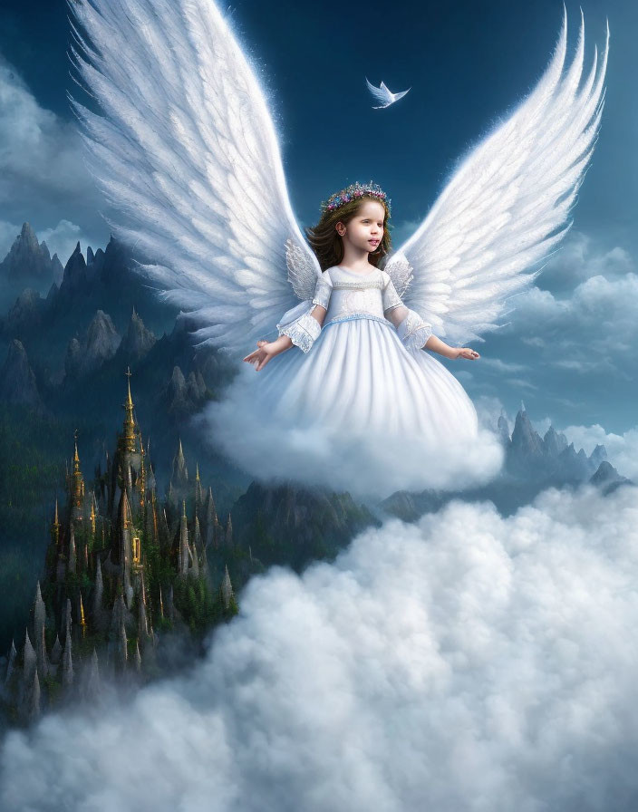 Young girl with angel wings and crown above clouds, castle, mountains, and dove.