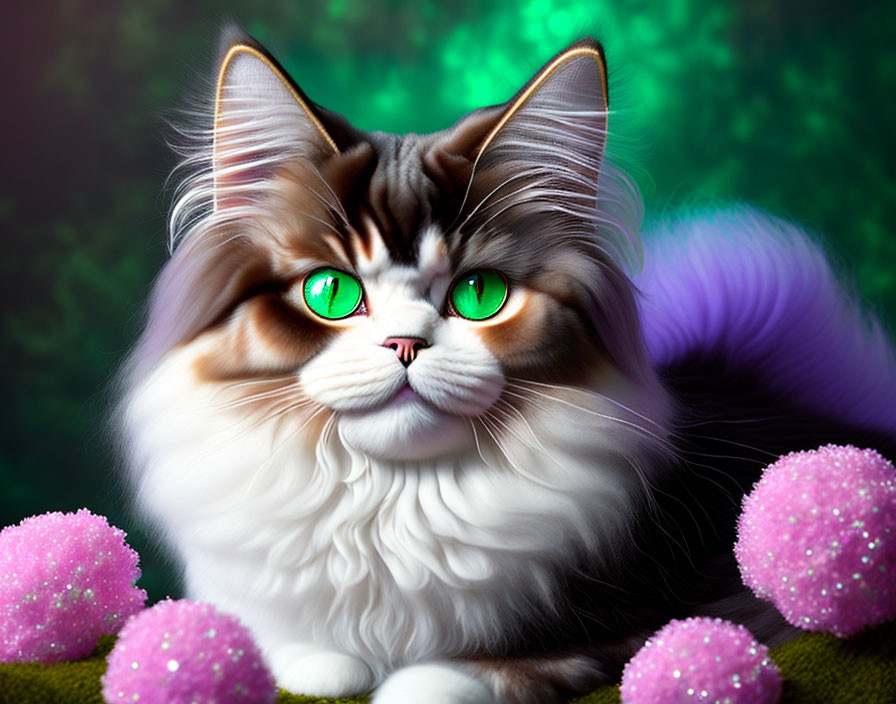 Long-Haired Cat with Green Eyes Surrounded by Pink Flowers