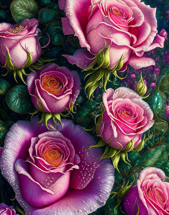 Pink Roses with Dewdrops on Gradient Foliage