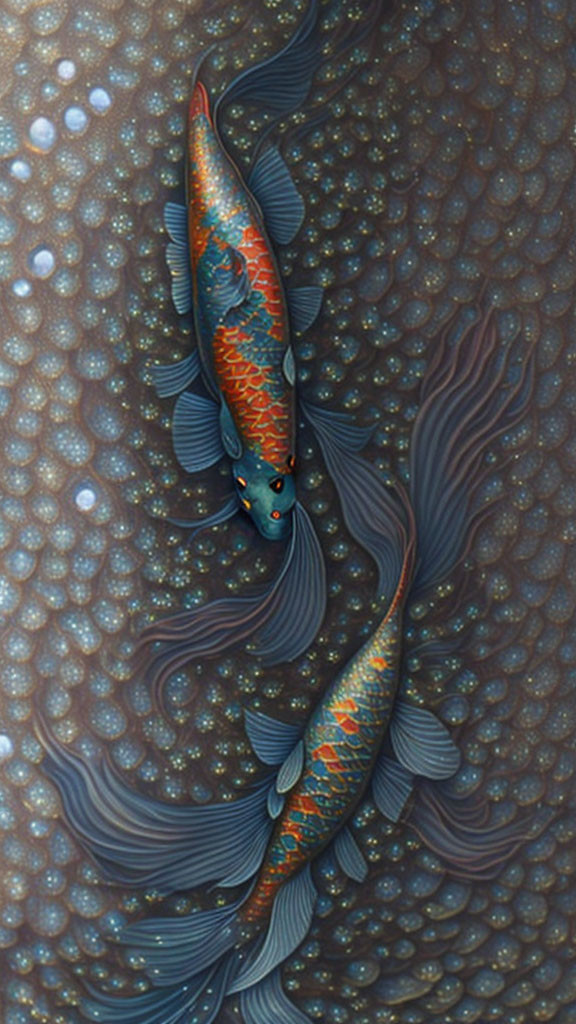 Intricate digital illustration of koi fish with vivid orange and blue hues