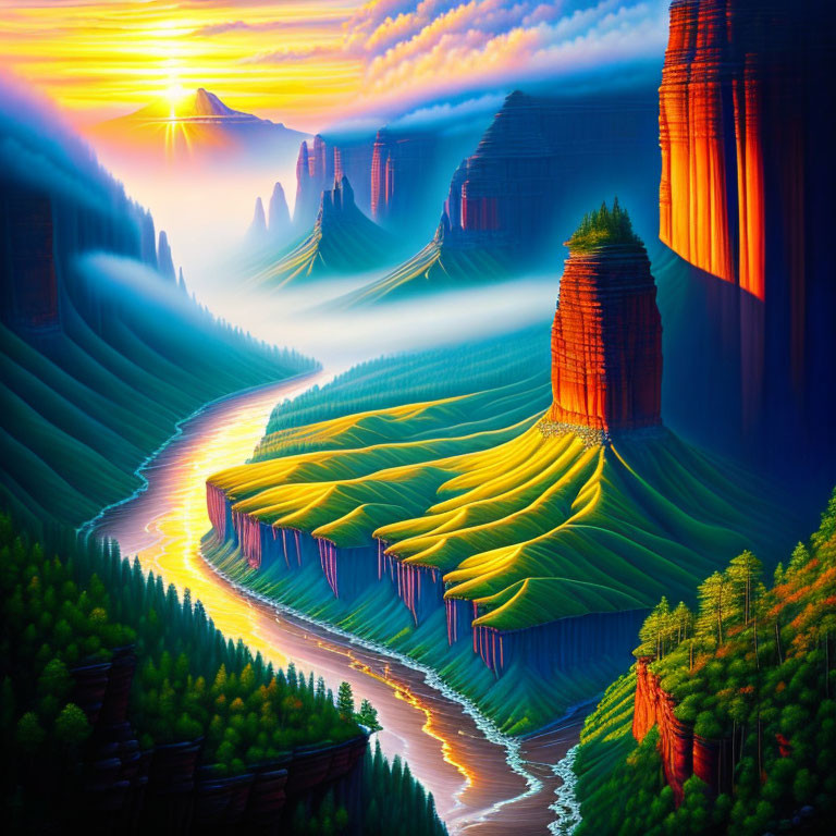 Scenic sunrise landscape with terraced fields, river, cliffs, and hills