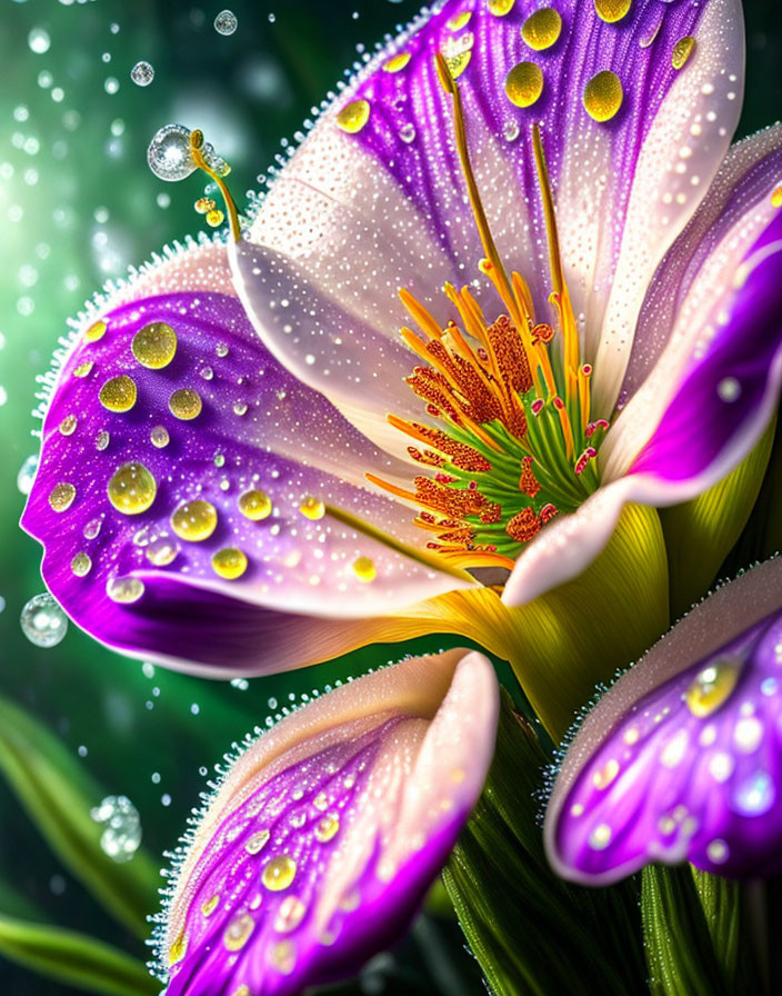 Colorful digital artwork: Purple and white flower with dewdrops in lush greenery