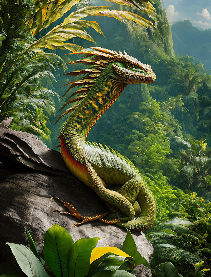 Green and Yellow Scaled Dragon in Tropical Jungle Setting