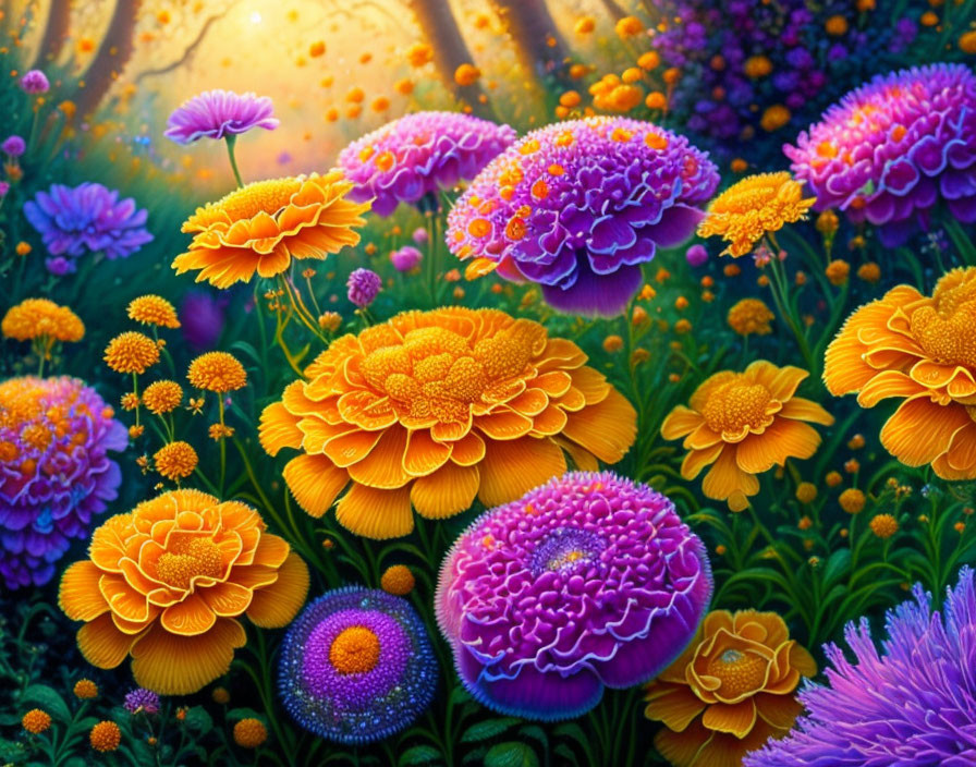 Colorful Fantasy Floral Landscape with Oversized Marigold and Violet Flowers