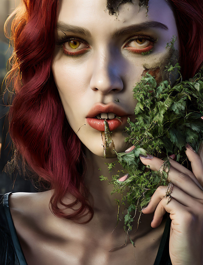 Red-haired female figure with yellow eyes and leaf-covered face.