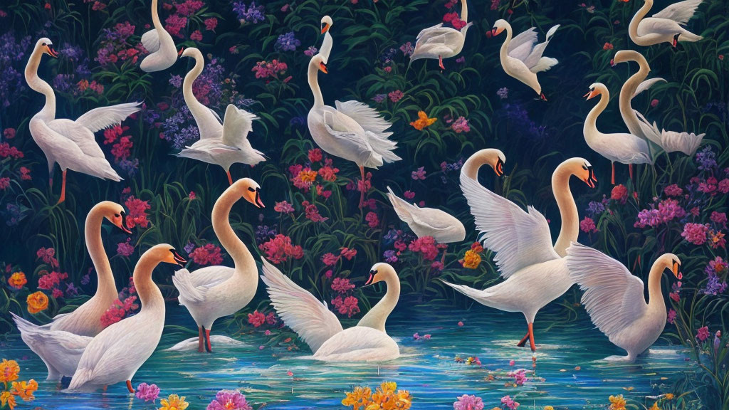 Illustration of Multiple Swans in Floral Water Scene