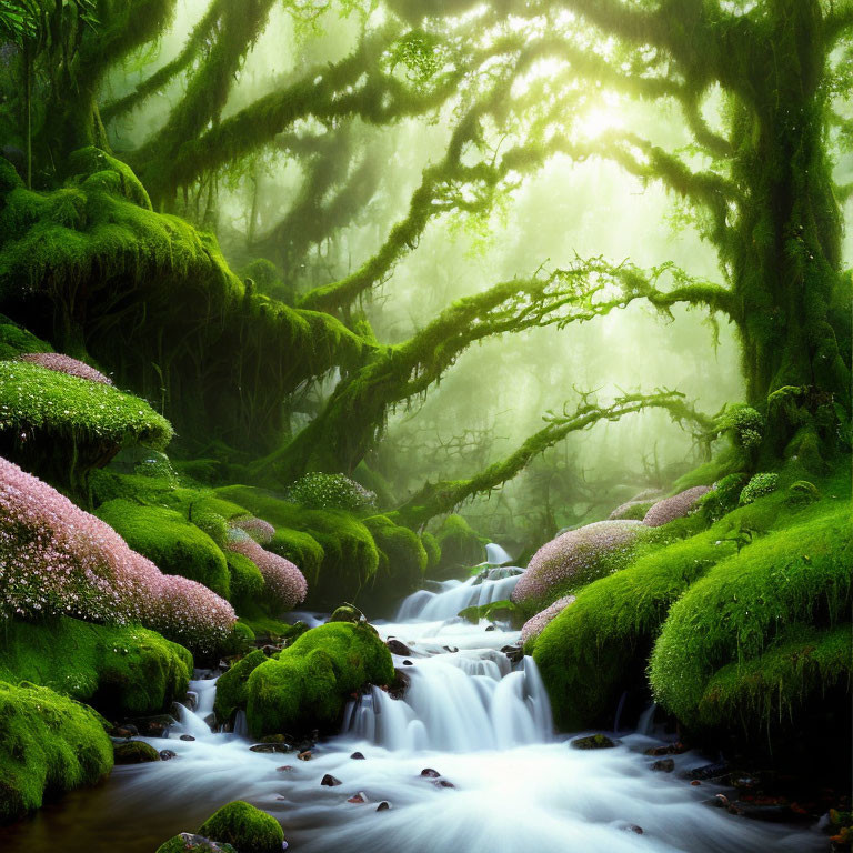 Sunlit forest scene with misty canopy, moss-covered trees, and flowing stream