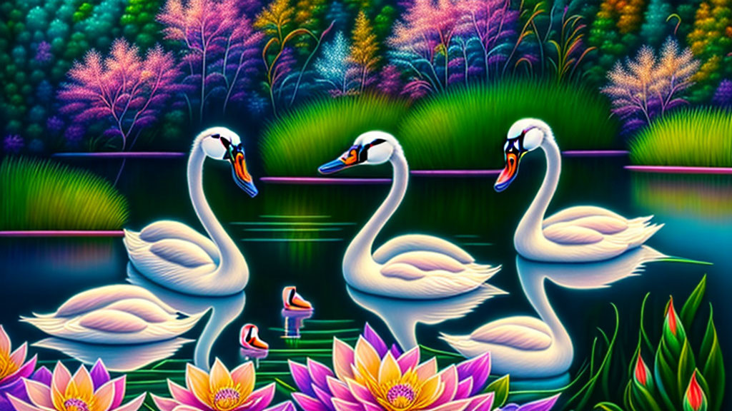 Colorful digital artwork: Three swans on vibrant pond with lotus flowers & lush forest