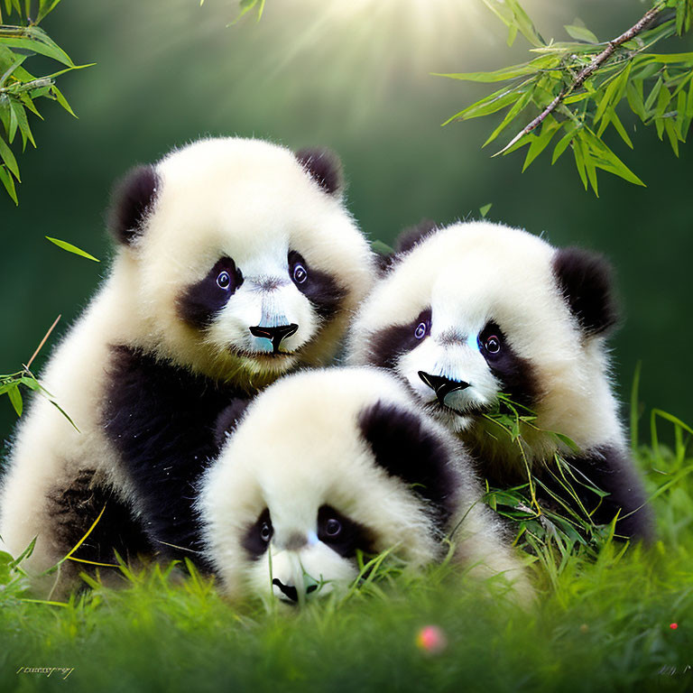 Three panda cubs in lush greenery with sunlight filtering through leaves