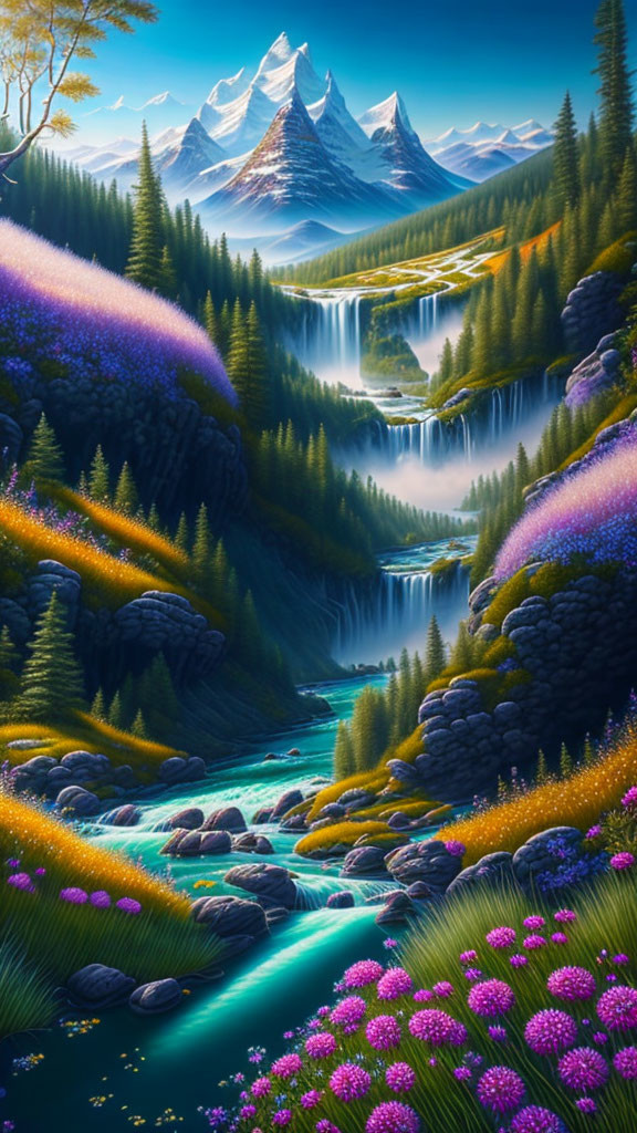 Fantasy landscape with waterfalls, river, flora, trees, and mountains