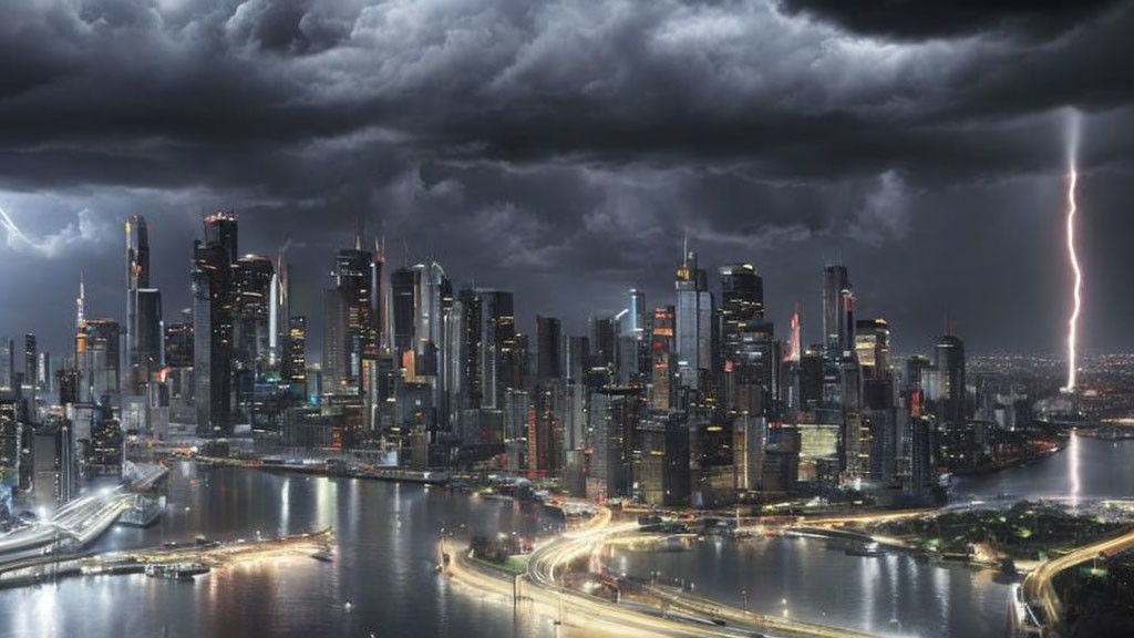 Dramatic night cityscape with illuminated skyscrapers and lightning strike