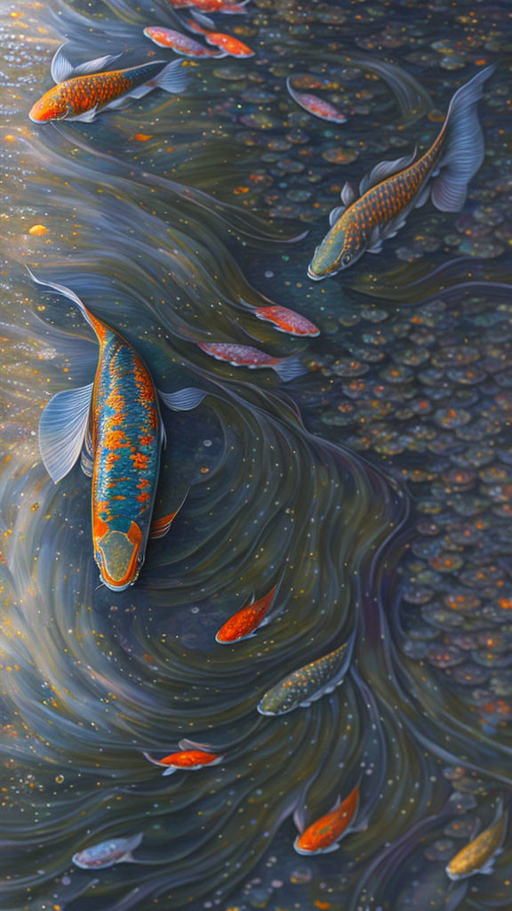 Vibrant koi fish gracefully swimming in a rippled pond