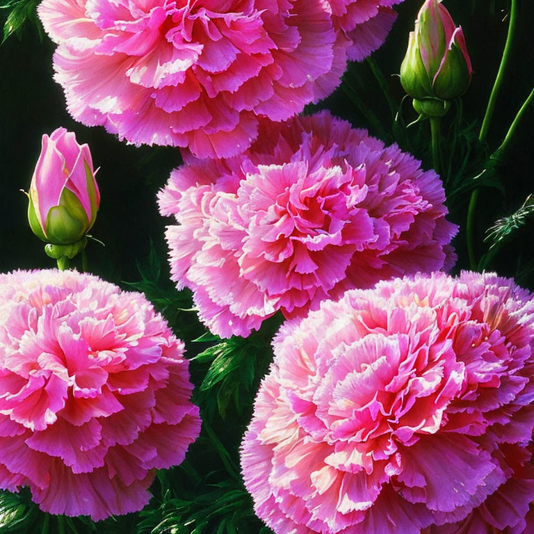 Bright Pink Peonies in Full Bloom on Dark Background