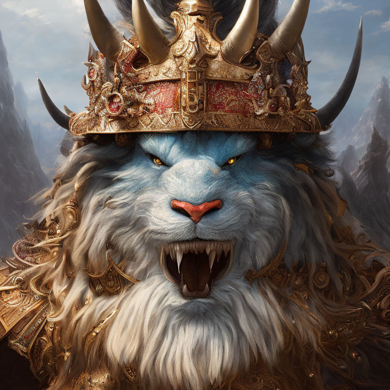 Blue anthropomorphic lion with golden crown and armor roaring against mountainous backdrop