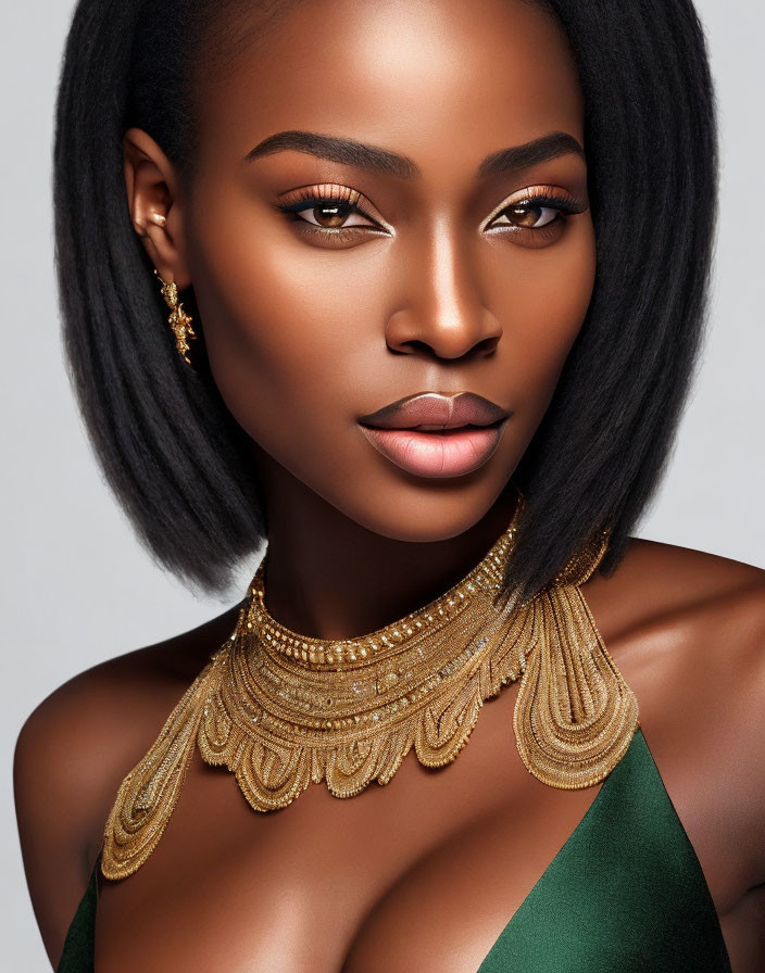 Woman with Black Hair, Gold Jewelry, and Green Garment