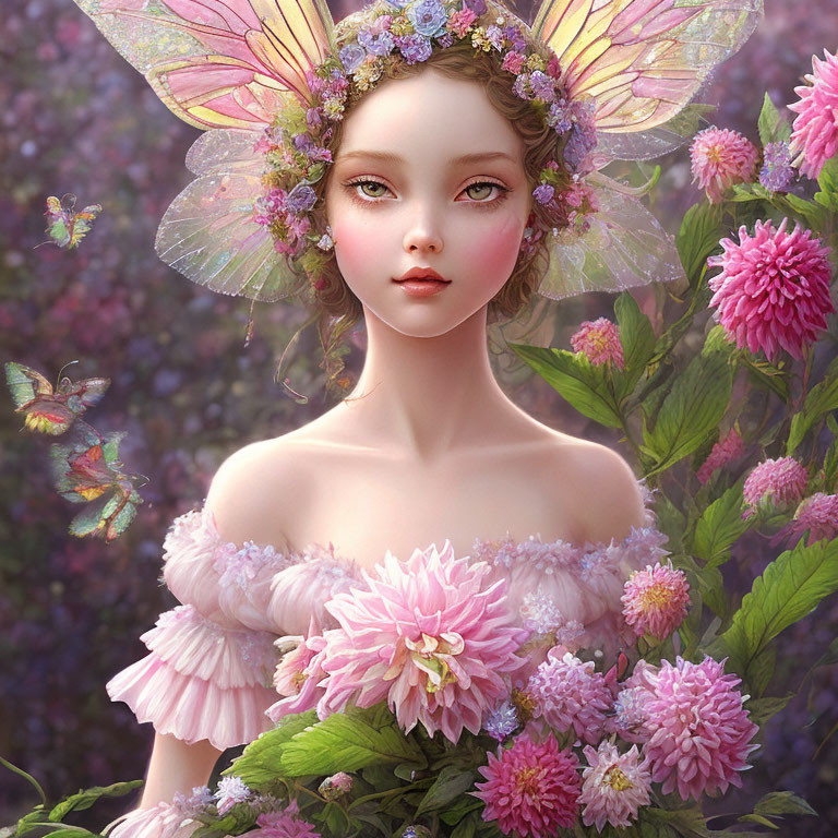 Fairy with Flower-Adorned Wings in Pink Floral Setting