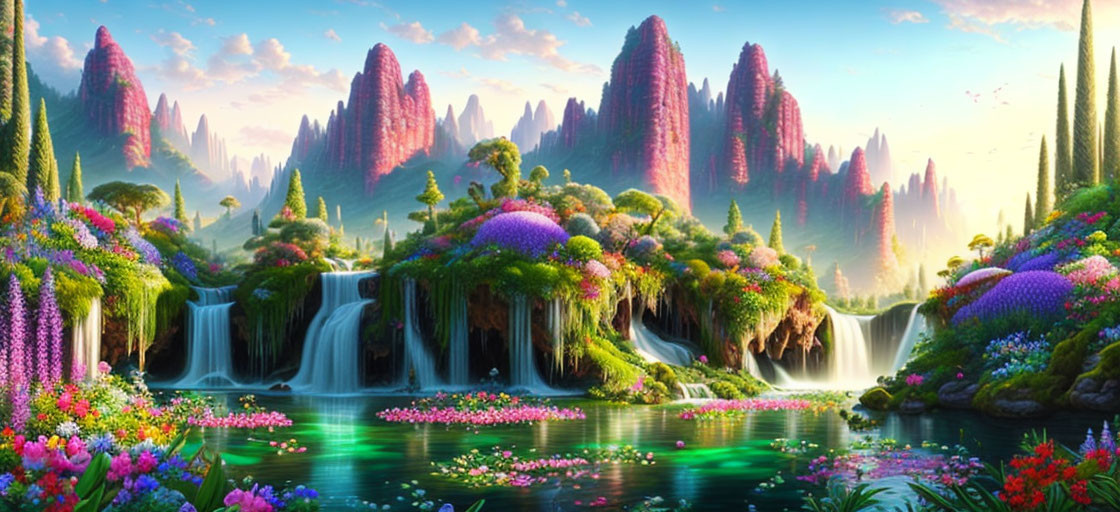 Colorful landscape with waterfalls, lush flora, and pink crystals