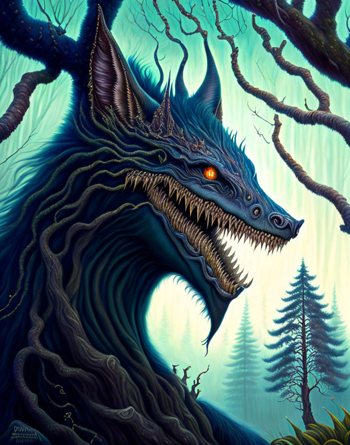 Mythical wolf creature with dark fur and red eyes in mystical forest