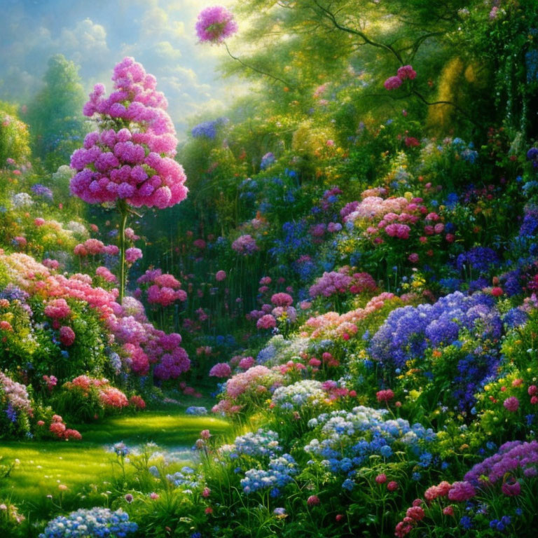 Vibrant hydrangeas in lush garden with sun rays through trees