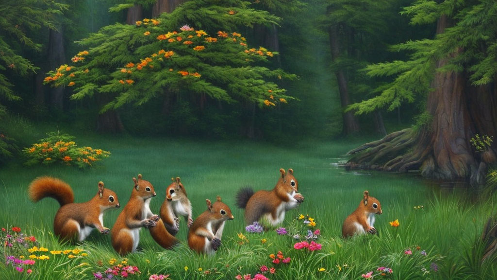 Tranquil Forest Landscape with Squirrels and Lush Greenery