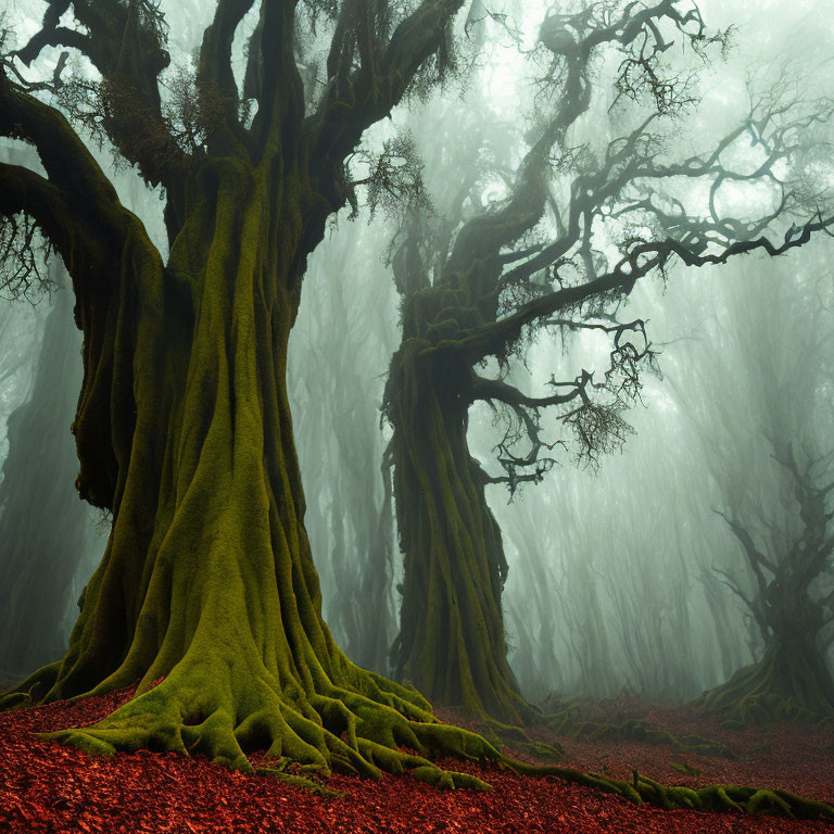 Ancient tree with moss-covered trunk in misty forest landscape