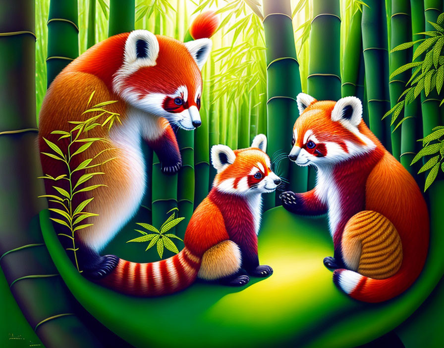 Adult and baby red pandas in vibrant bamboo forest illustration