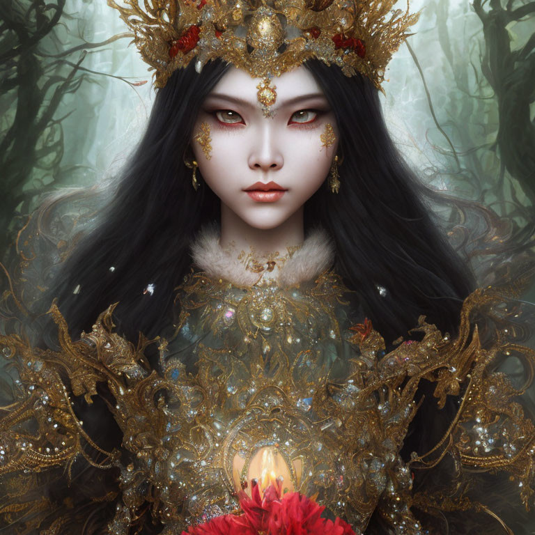 Mystical figure with pale skin and black hair in ornate crown against ethereal forest.