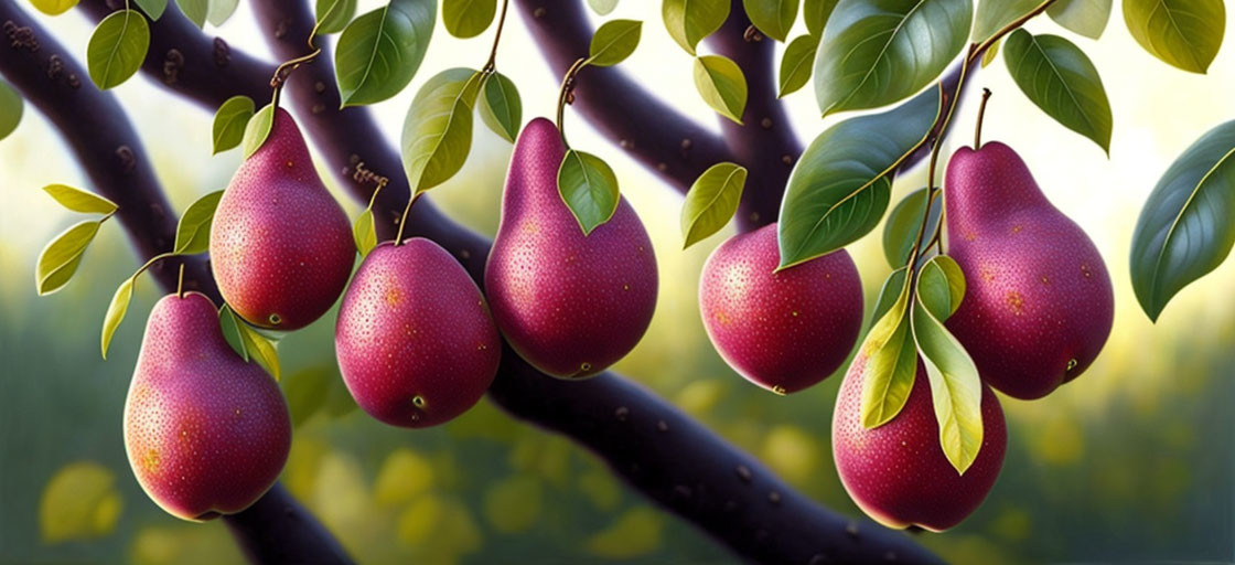 Fresh Ripe Red Pears on Tree Branch with Green Leaves