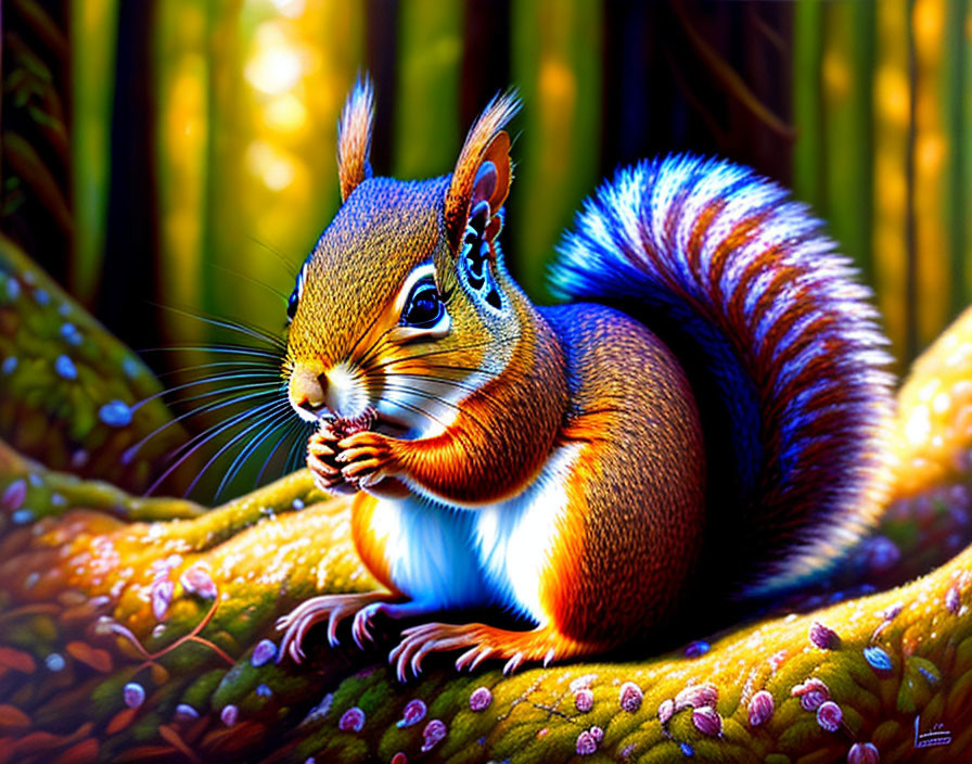 Colorful forest scene: Squirrel with bushy tail nibbling in sunlight