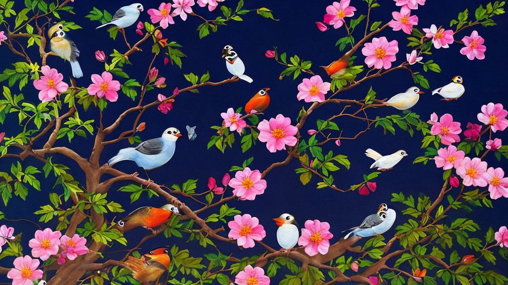 Colorful bird illustrations on pink blossom branches against blue backdrop