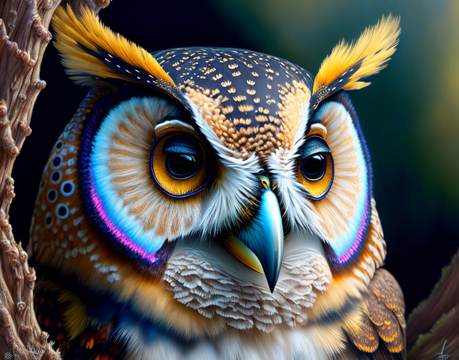 Vibrant digital owl illustration with intricate feather patterns