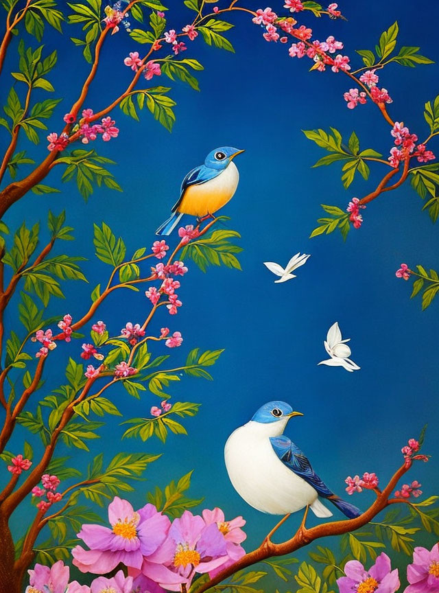 Colorful painting featuring stylized birds, pink flowers, and white butterflies against a blue sky