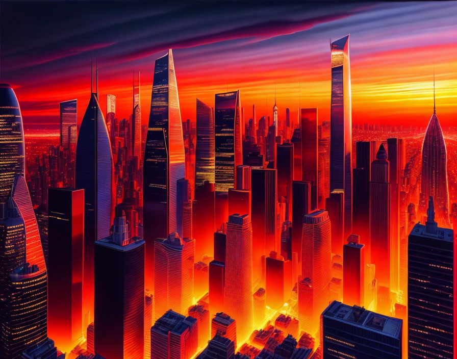 Cityscape with skyscrapers against vibrant sunset sky