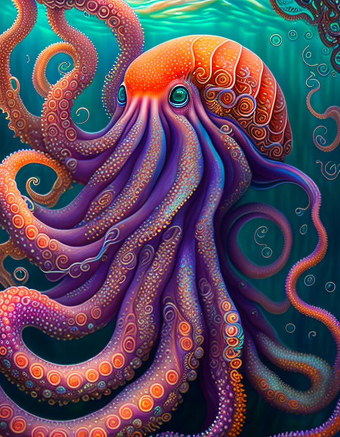 Colorful Octopus Illustration with Intricate Patterns on Teal Background