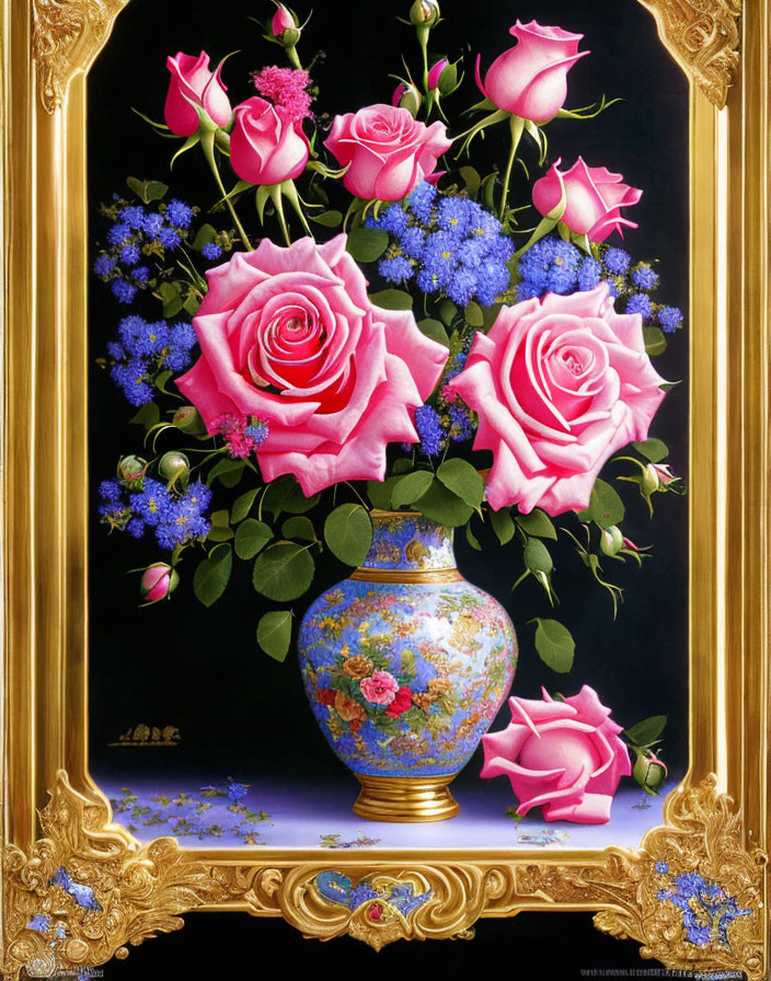 Ornate gold frame with pink roses and blue flowers on black background